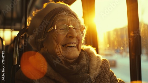 Diverse senior woman smiling on a bus ride, surrounded by joyful passengers of all ages and ethnicities