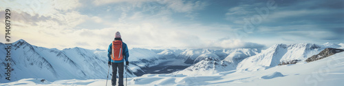 Traveler looking at view and stand in front of A snowy wonderland, perfect for skiing and winter adventures