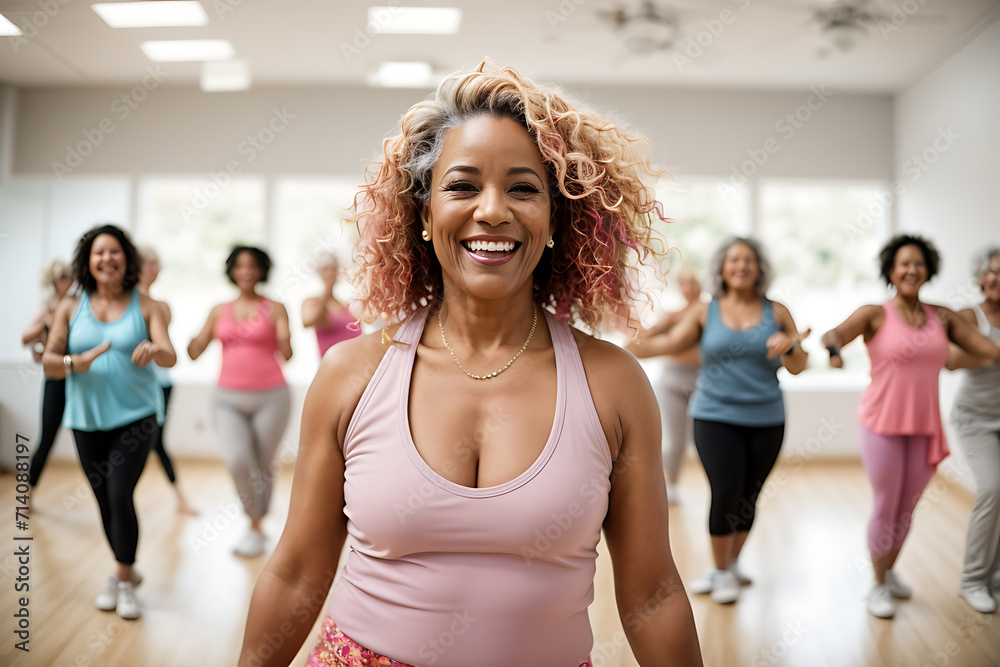 Middle-aged woman engaging in aerobics in dance studio during workout session. Women training dance