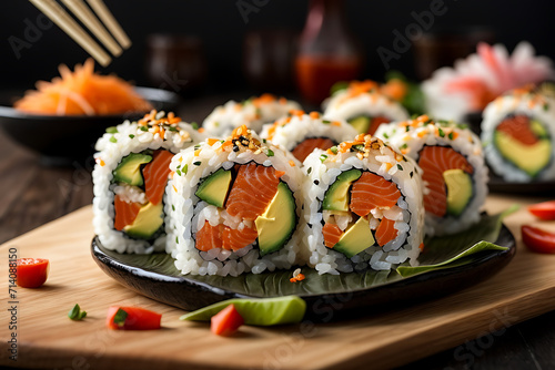 Japanese sushi uramaki or California roll served on a plate with chopsticks