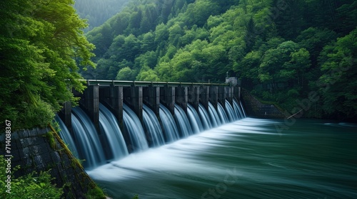 The steady flow of water from a hydroelectric dam blends with the tranquil beauty of forested mountains, symbolizing sustainable energy practices. photo