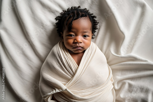 Childcare Concept. Portrait Of Little Black Baby Lying On Bed