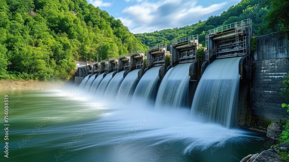 Fototapeta premium A hydroelectric dam releases torrents of water amid vibrant green foliage, showcasing renewable energy and nature's power in harmony..