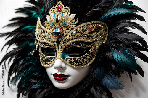 Closed elegant Venetian mask inlaid with multi-colored stones and black feathers