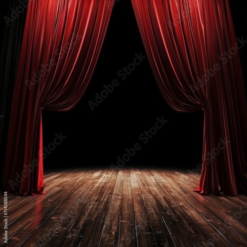 Red Curtain and Wooden Floor on Stage