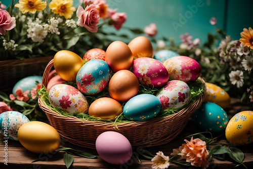 Basket with floral bright Easter eggs. Close up photo