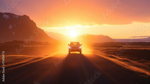 Sleek silver car driving on winding road in Icelandic sunset, with vibrant orange hues