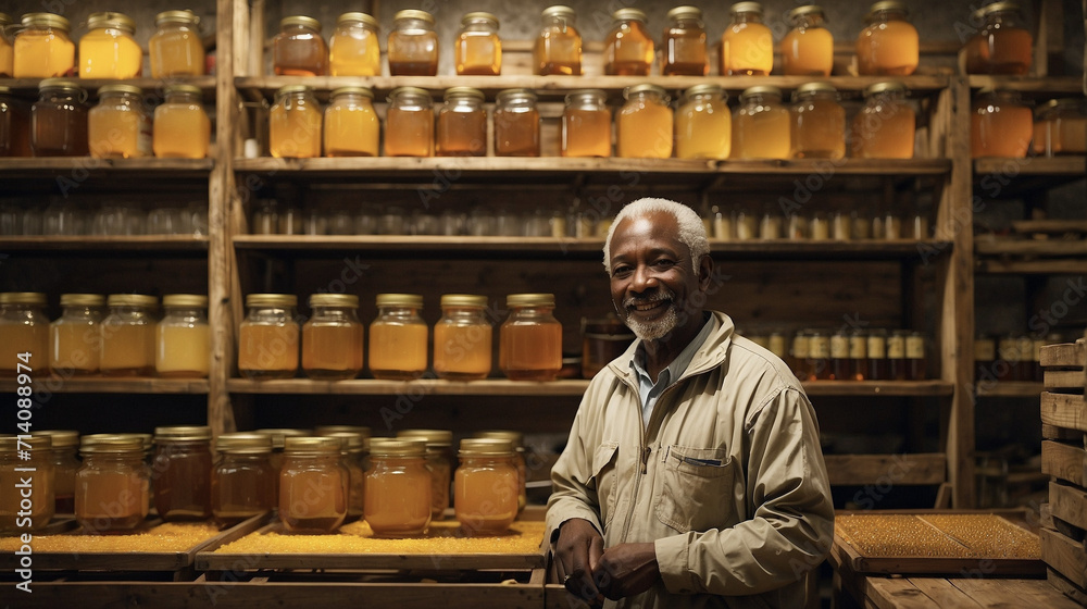 Beekeeper with honey on the farm
