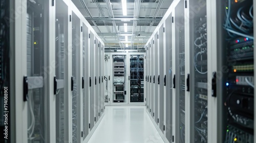 Organized server room with high-tech equipment, neat server racks, and array of cables. Efficiently connected network infrastructure for secure data storage and transfer