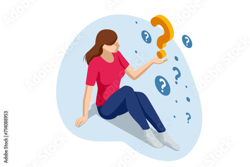 Isometric Question Marks, Message box with question, Chatbot technology, AI chat bot based on artificial intelligence. Woman Ask Questions and receive Answers.