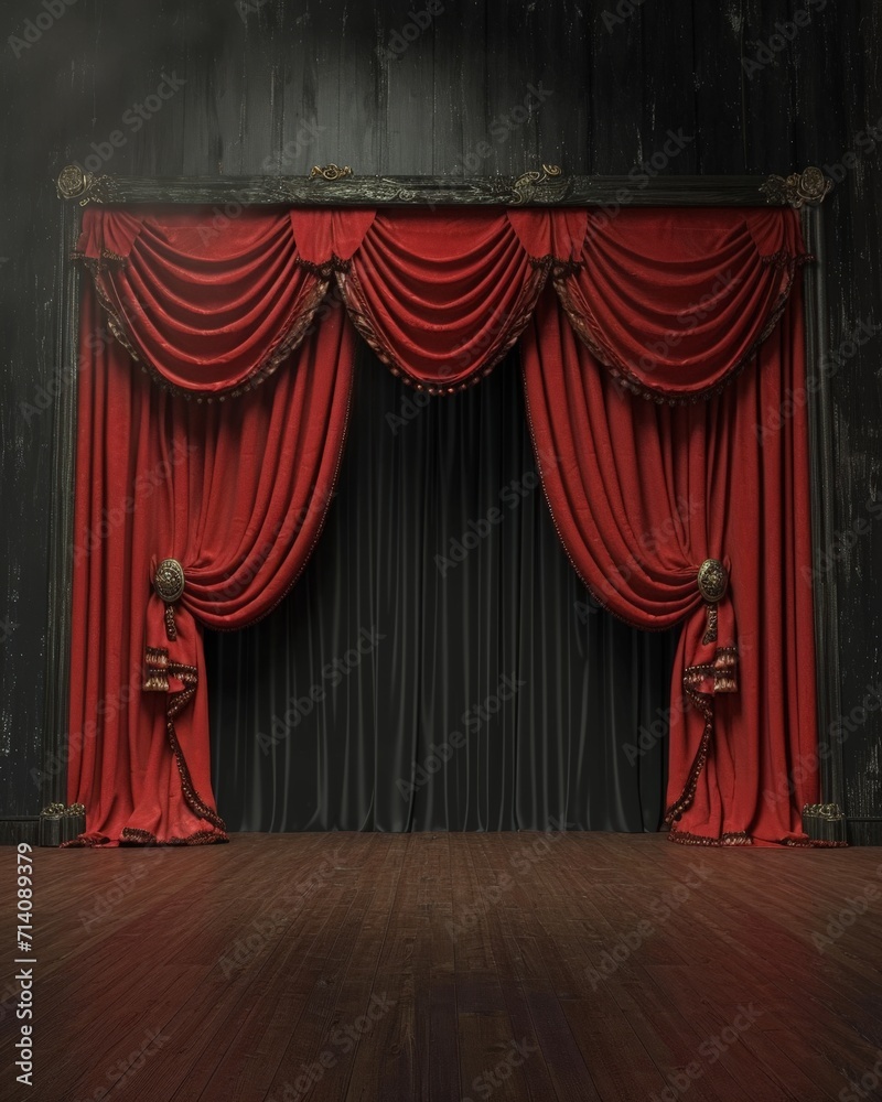 Fototapeta premium Empty Stage With Red Curtain and Chairs