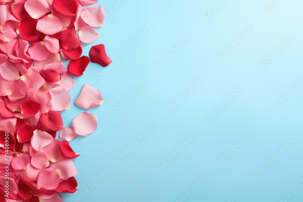 Blue Background with Rose Petals Frame, Generative AI