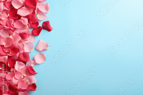Obraz na płótnie Blue Background with Rose Petals Frame, Generative AI w salonie