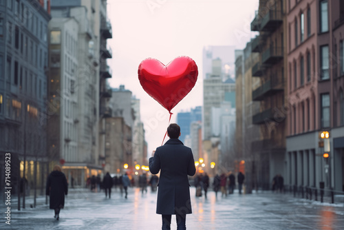 Male Lover Holding a Big Red Heart Balloon in the Middle of the Street in the City for Valentines Day © Richard