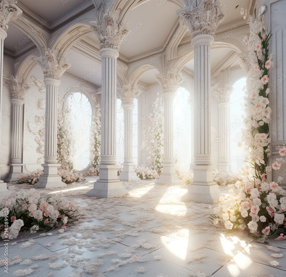 Romantic Bridal Room: Arch Pillars and Roses, Interior Elegance, Hall of Arches and Flowers, White Petals Romance, Wedding Ambiance, Floral Elegance, Bridal Serenity, Rose-Adorned Hall, Romantic Inter