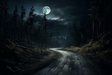 Night mountain road in a moonlit forest. Generative AI