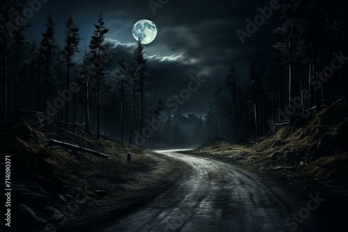 Night mountain road in a moonlit forest. Generative AI photo
