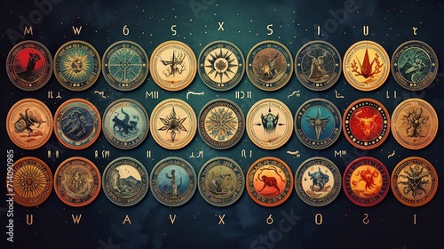 Zodiac signs. Zodiac horoscope with colored symbols and pictures. A set of horoscope signs on a galaxy background photo