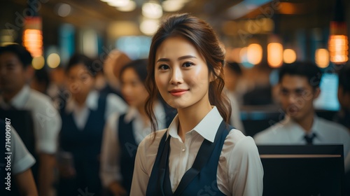 Close-up view of a smiling and confident Asian female business executive - CEO - Professor - Office worker - blurred background - strong asian female 