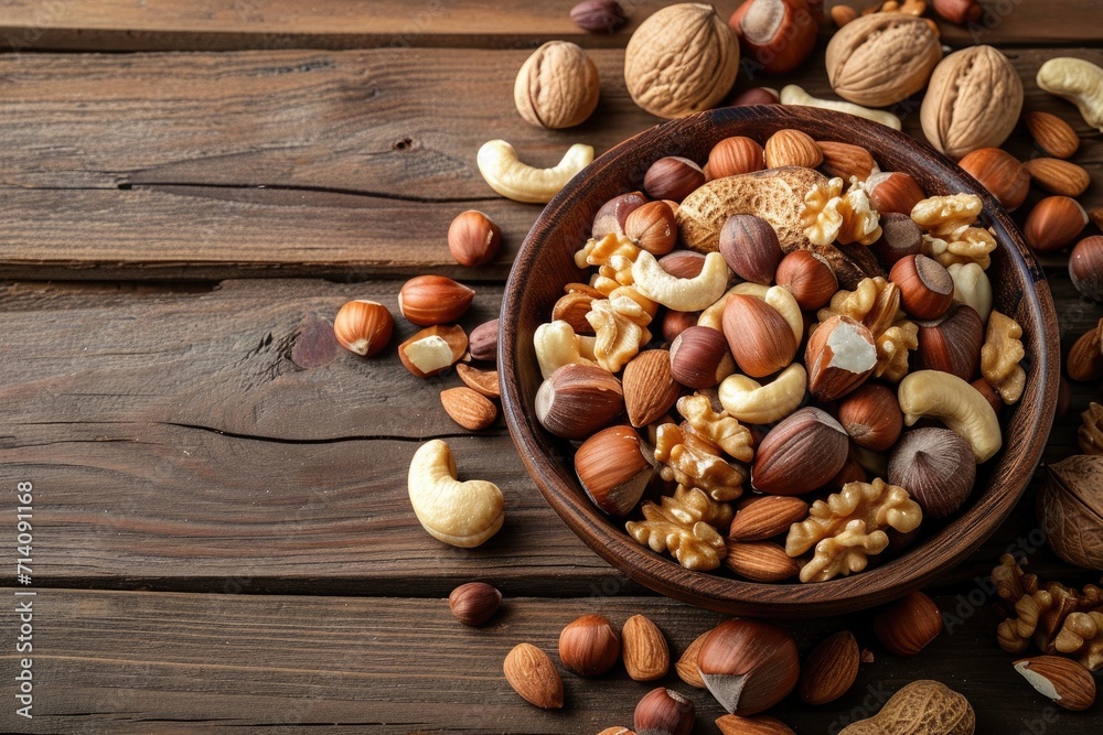 bowl of mixed nuts on wooden table, top view with copy space