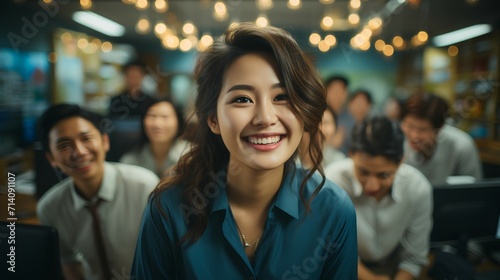 Close-up view of a smiling and confident Asian female business executive - CEO - Professor - Office worker - blurred background - strong asian female  © Jeff