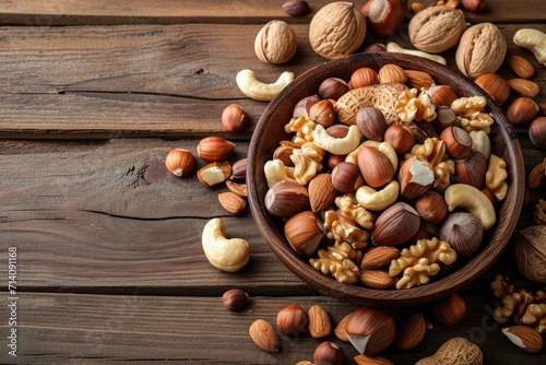 bowl of mixed nuts on wooden table, top view with copy space