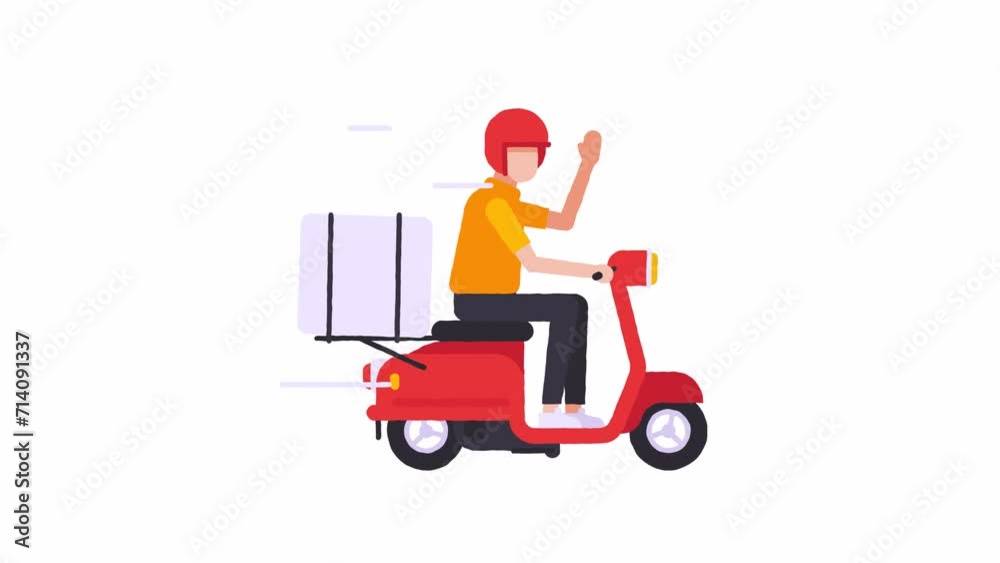 Courier delivers container on scooter waves hand and drives along screen. Alpha channel Courier delivers container on scooter waves hand and drives along screen. Alpha channel