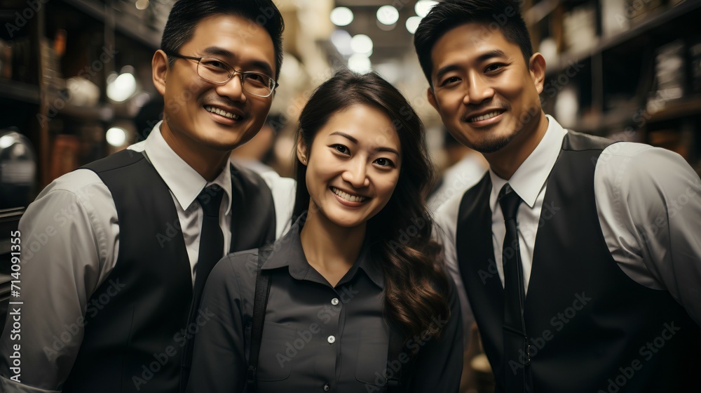Smiling confident Asian female business executive - leading team - projecting authority and approachability Smiling confident Asian female business executive - leading team - projecting authority and approachability