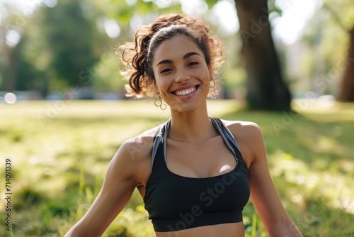 portrait of a smiling female outside in a top for exercising
