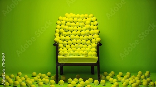Yellow tennis balls and chair on green wall background. Sport concept.