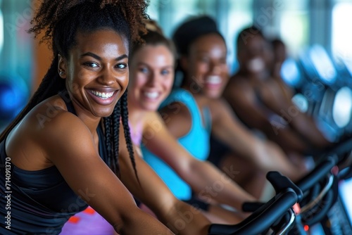 smiling black female a some people on background exercising in gym on bikes