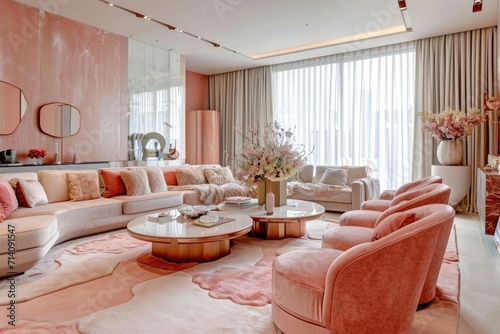 Delicate Pink Living Room Interior  Elegant Comfort and Stylish Modern Design with Cozy Accents and Ambient Lighting