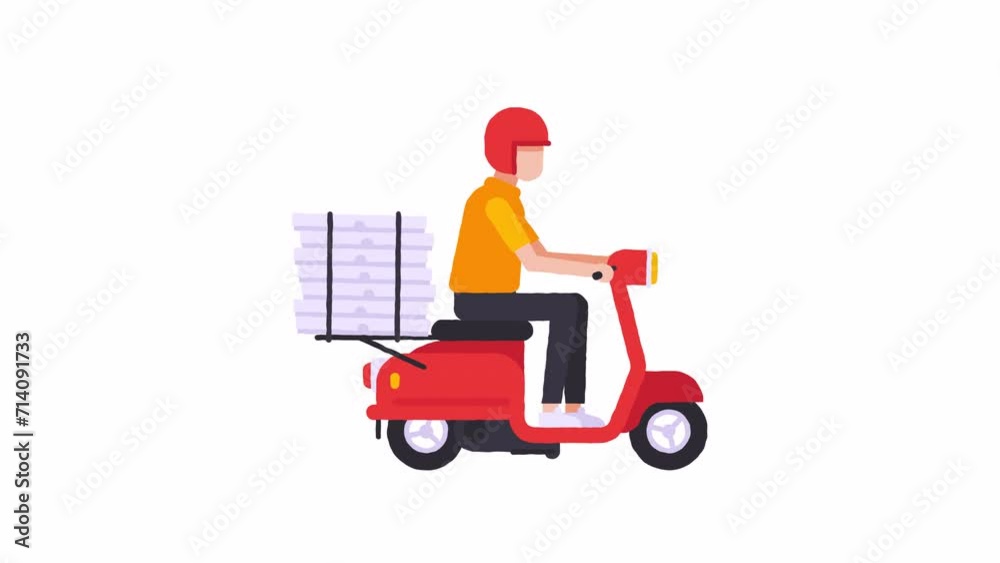 Courier delivers pizza on scooter and waves hand. Alpha channel Courier delivers pizza on scooter and waves hand. Alpha channel
