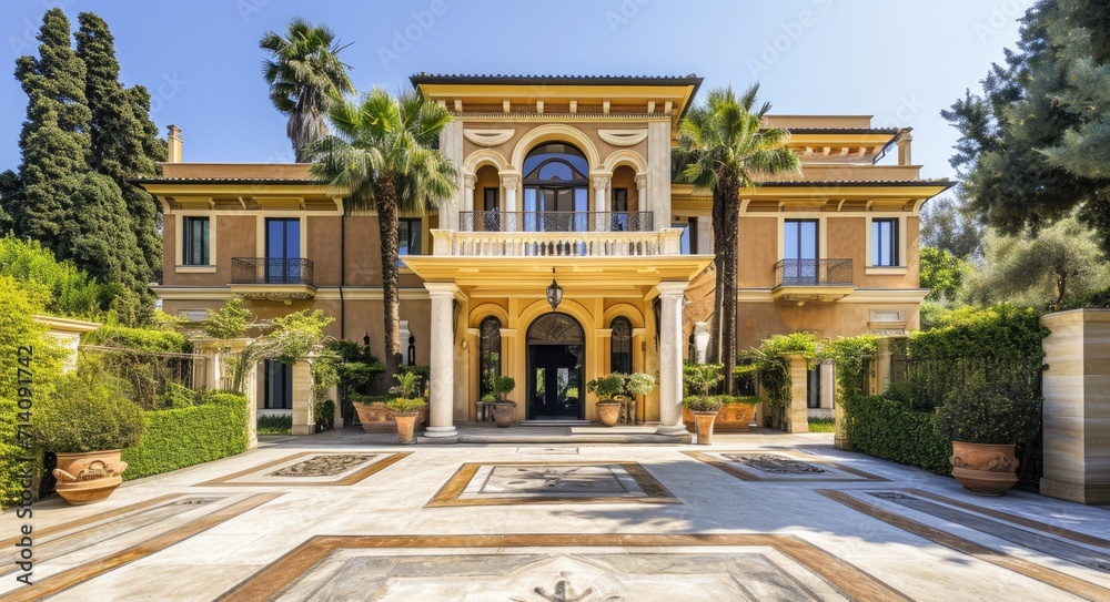 Opulent Mediterranean Villa: Luxurious Exterior Design with Warm Sunlight, Italy