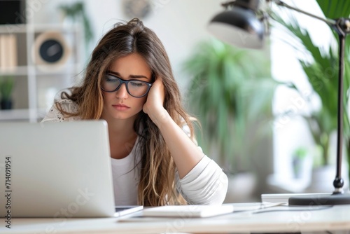 female sitting at her desk working on laptop and wearing glasses looking bored photo