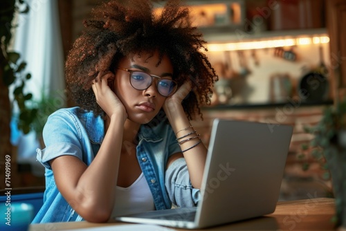 black female sitting at her desk working on laptop and wearing glasses looking bored photo