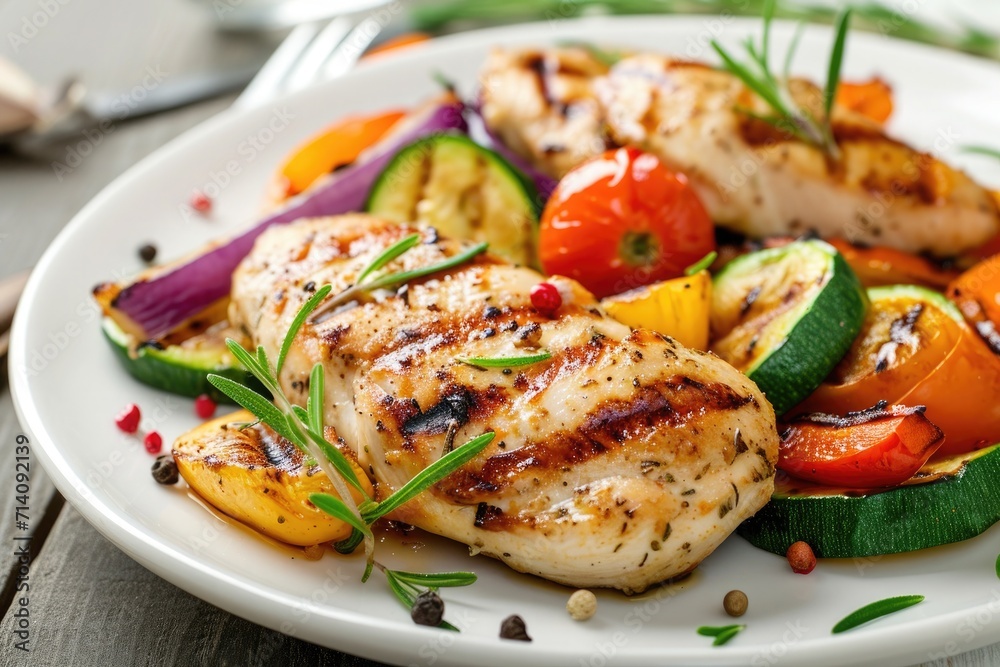 grilled chicken with vegetables on a white plate grilled chicken with vegetables on a white plate