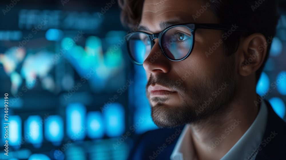 Focused Analyst Evaluating Digital Market Data