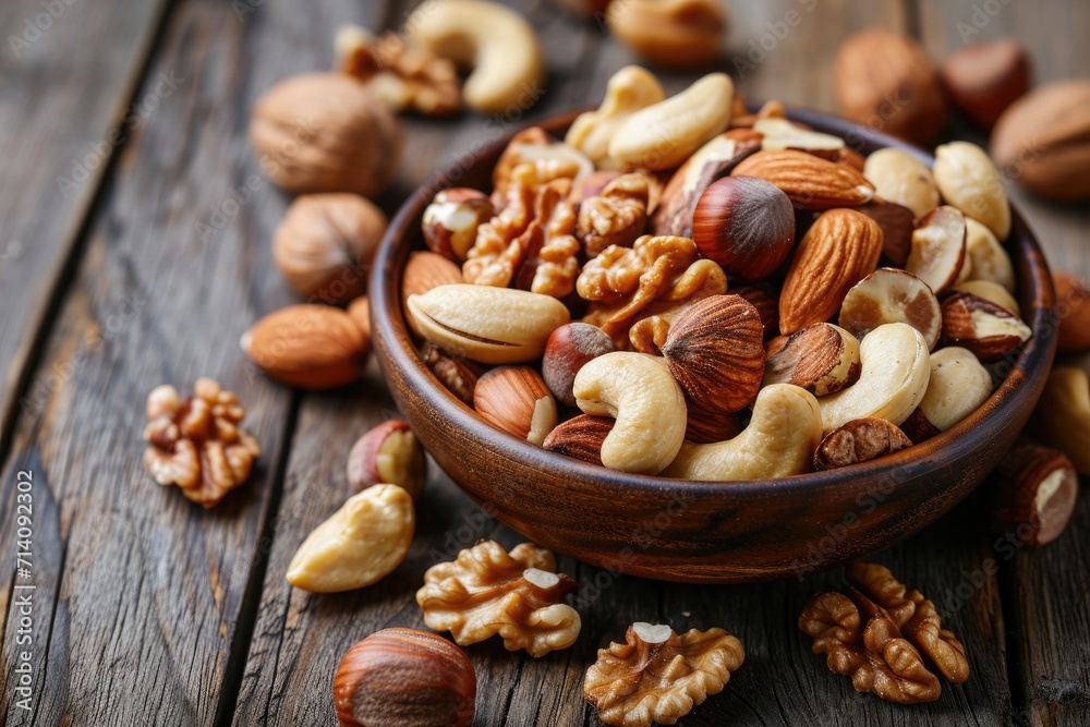 bowl of mixed nuts on wooden table bowl of mixed nuts on wooden table