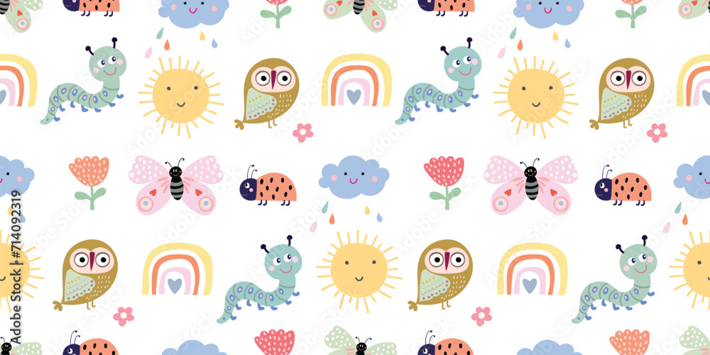 Spring time seamless pattern with cute owls and insects, childish elements, decorative wallpaper, vector design