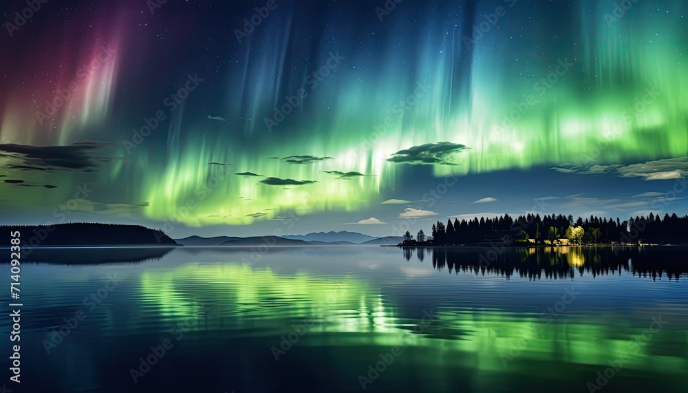 View of night sky with multicolored aurora borealis and snowy mountains peak background. Night glows in vibrant aurora reflection on the lake with forest. 