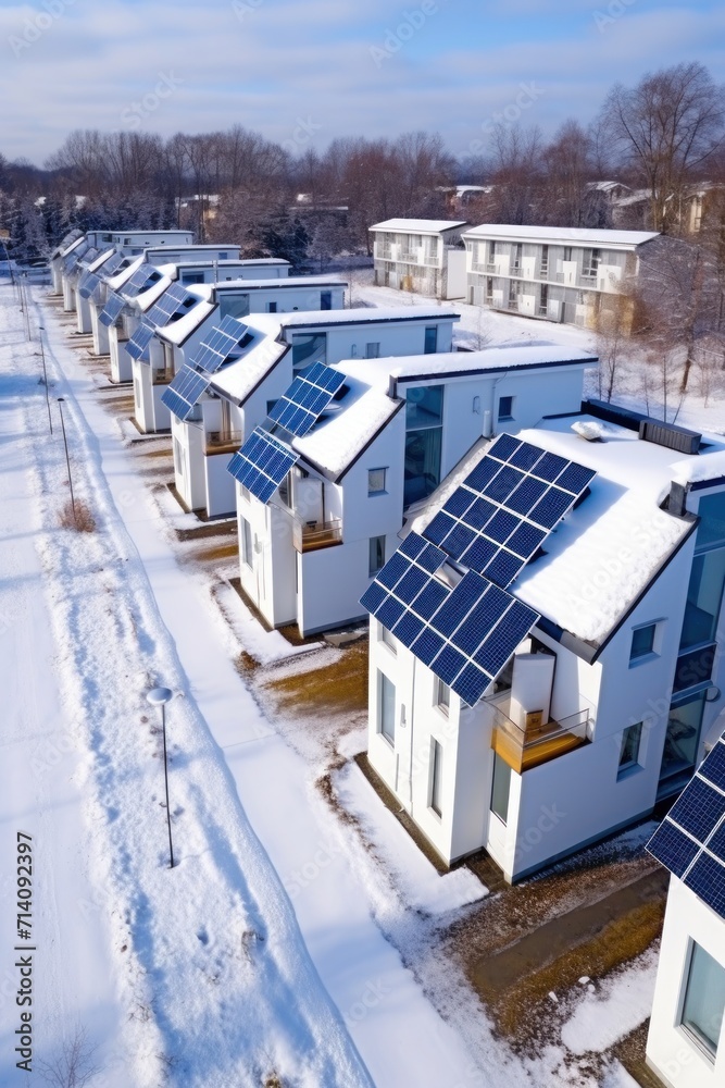 Obraz premium Eco-friendly apartment buildings with large solar panels on roofs surrounded by bright autumn trees