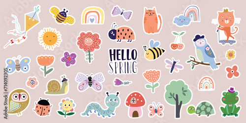 Spring time stickers collection, funny animals, insects and flowers, childish seasonal design, vector