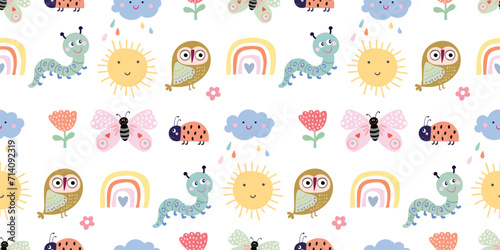 Spring time seamless pattern with cute owls and insects, childish elements, decorative wallpaper, vector design