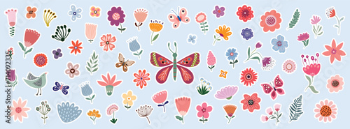 Spring time stickers collection with floral design, different seasonal flowers in bloom, plants and butterflies, vector photo