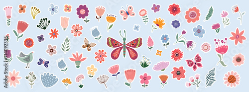 Spring time stickers collection with floral design, different seasonal flowers in bloom, plants and butterflies, vector