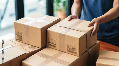 Courier checkups stack of parcels in cardboard boxes in post office logistic center