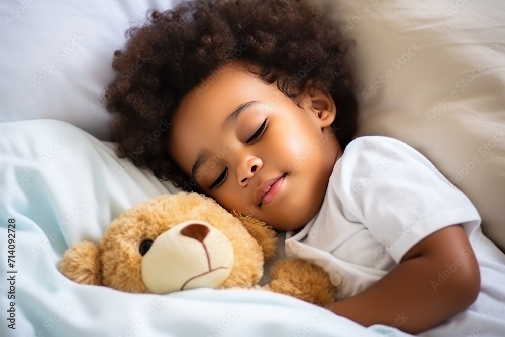 Toddler boy in shirt sleeps sweetly in company of best friend teddy bear seeing pleasant dreams Toddler boy in shirt sleeps sweetly in company of best friend teddy bear seeing pleasant dreams