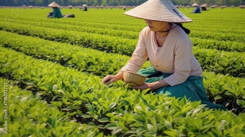 Rural women workers plucking tender tea shoots.