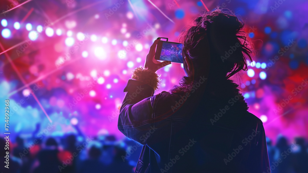 A visually rich image showcasing a teenager capturing a memorable concert moment on their phone, with the stage lights reflecting in their eyes, and the crowd's excitement visible A visually rich image showcasing a teenager capturing a memorable concert moment on their phone, with the stage lights reflecting in their eyes, and the crowd's excitement visible